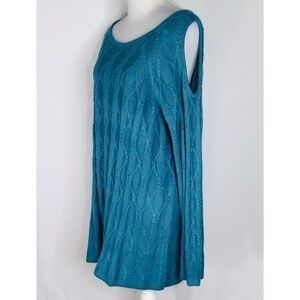 Westbound Teal Cold Shoulder Crew Neck Cable Knit Sweater Tunic 1X